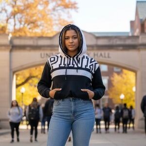 Women's Small Victoria’s Secret PINK Color-Block Cropped Hoodie with Bold Logo